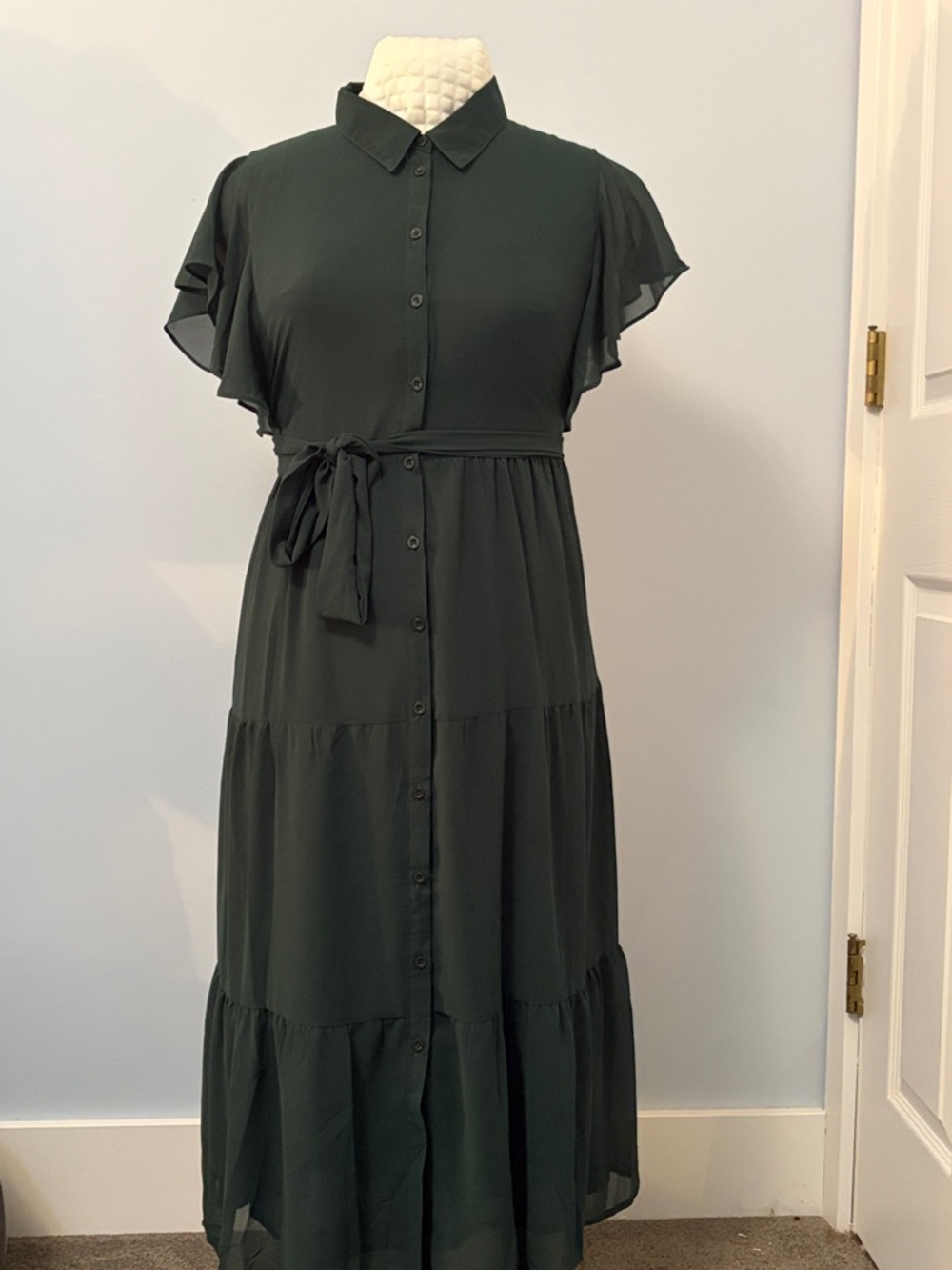 Button-Front Dark Green Maxi Dress with Self-Tie Waist